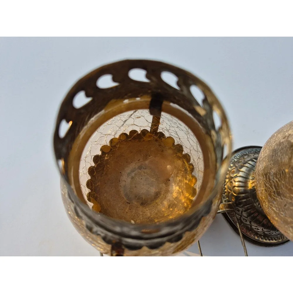 Vintage Silver Tone Crackle Glass Tea Light Lanterns Set of 2 Amber Boho Decor